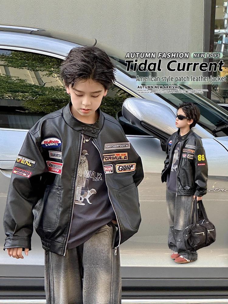 Herbst 2025 Trendige Jungen-Jacke aus besticktem PU-Leder - Retro-Stil-Unisex-Oberbekleidung