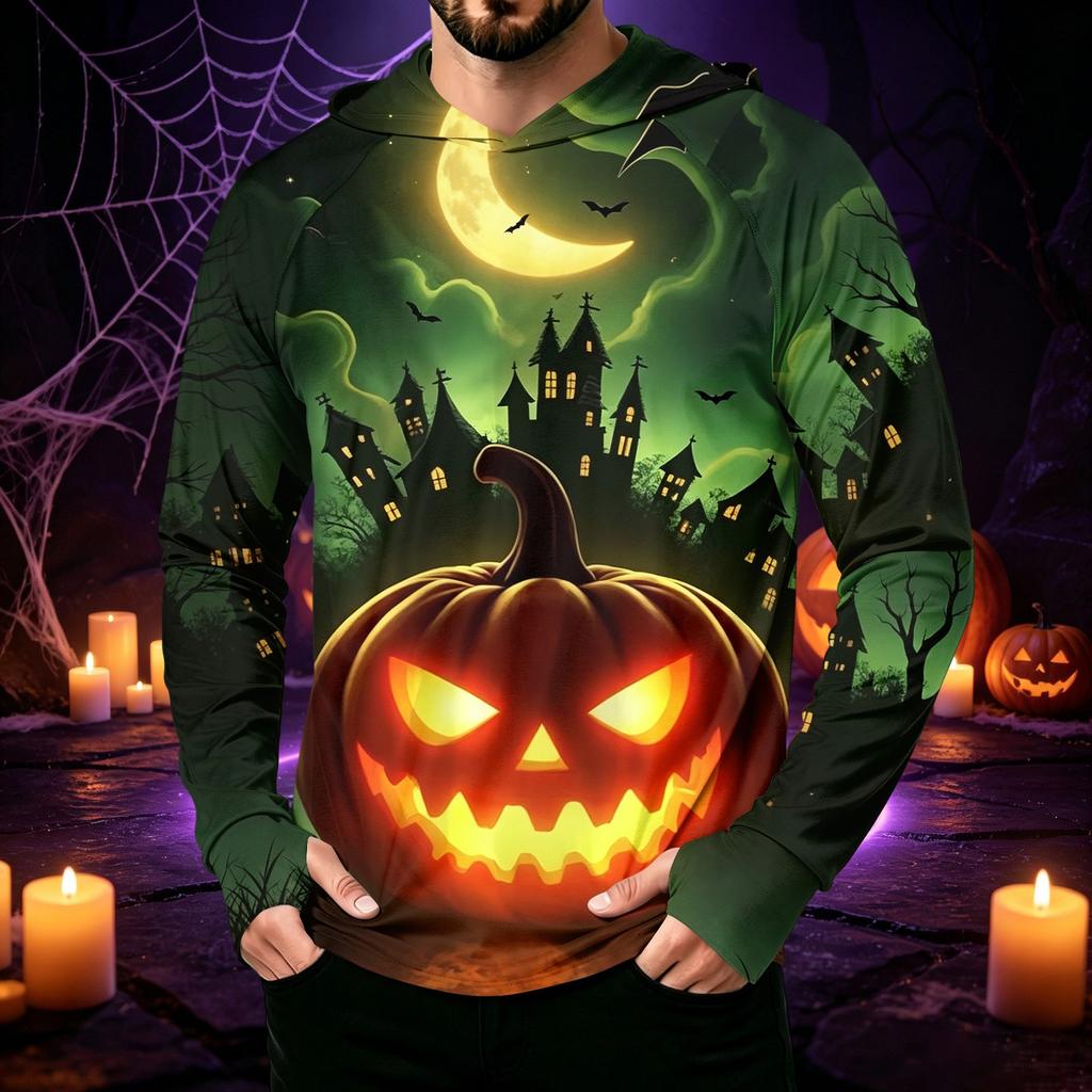 Men's Long Sleeve Hooded Sun Shirt with Halloween Print