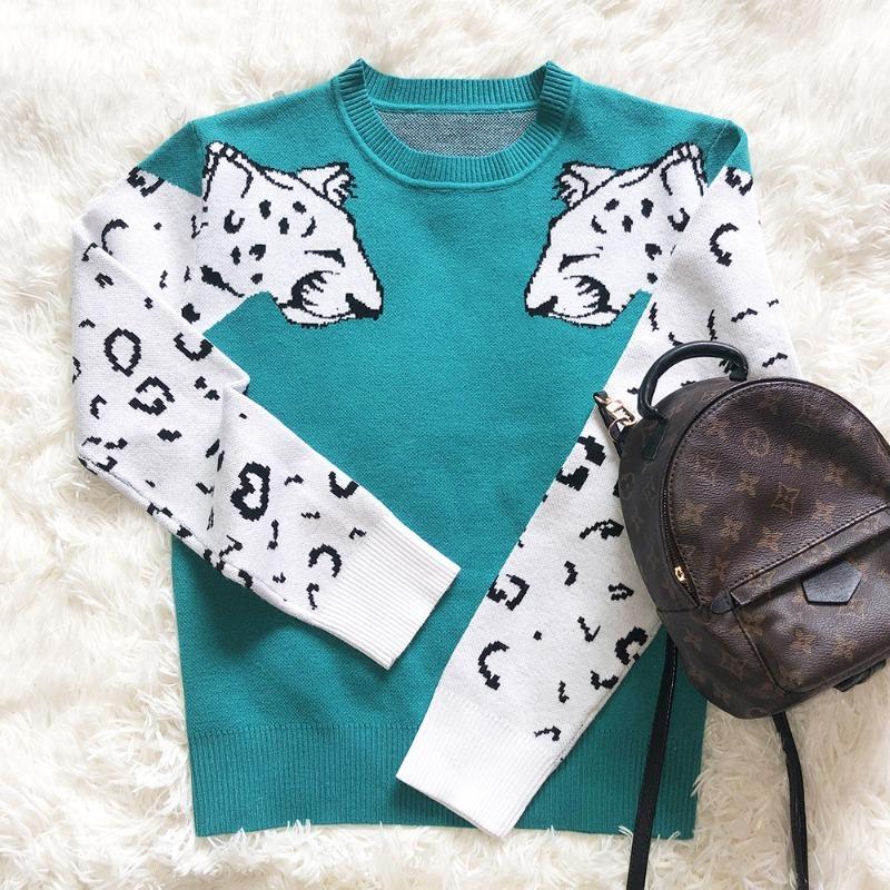 Podzimní a zimní dámský leopardí vzor pletený svetr s dlouhým rukávem vlněný svetr