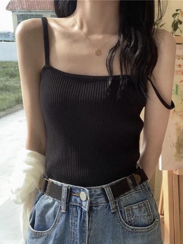 Hong Kong Style Women's Chic Sleeveless French Knit Camisole Top, Summer White Innerwear.