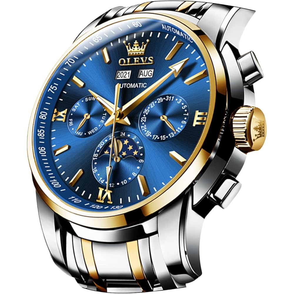 OLEVS Men s Automatic Mechanical Watch Moon Phase Stainless Steel Two-Tone Date Waterproof Blue Face