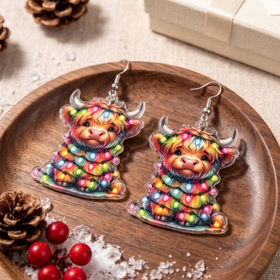 Childlike Festive Style Jewelry 1 Pair Acrylic Highland Cow Christmas Earrings for Women, Cute Scottish Cattle Holiday Gift Her Dangle Drop Earrings,