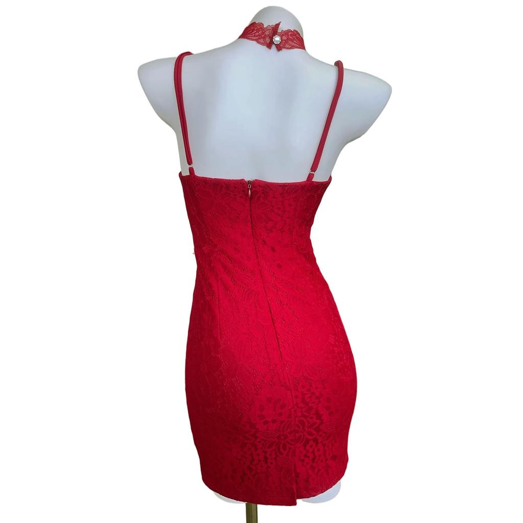 Dress Mini Dress Camisole Dress Tight All Lace Dress String Choker Decollete Mini Length Red S Size GraciaCabaret