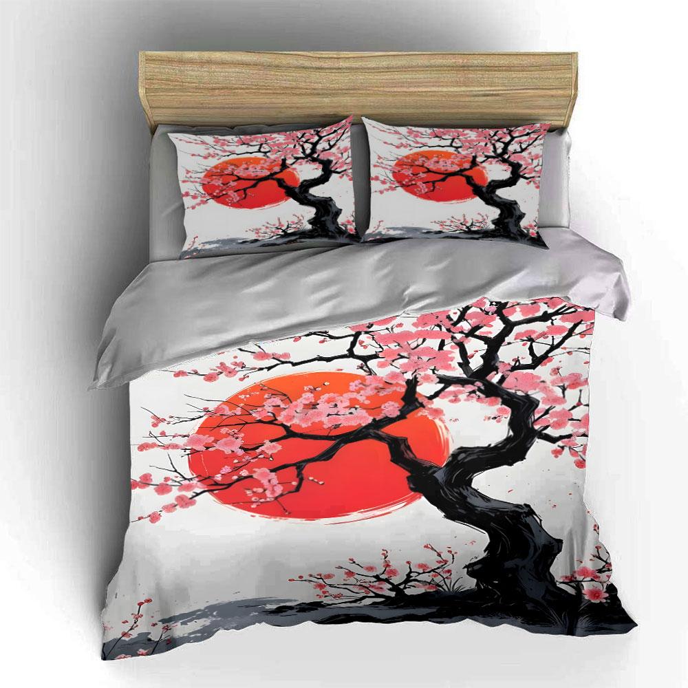 Plum blossoms and setting sun Bedding Set for Kids Luxury Gift 3pcs Digital Print Comforter Set Soft Comfortable Breathable