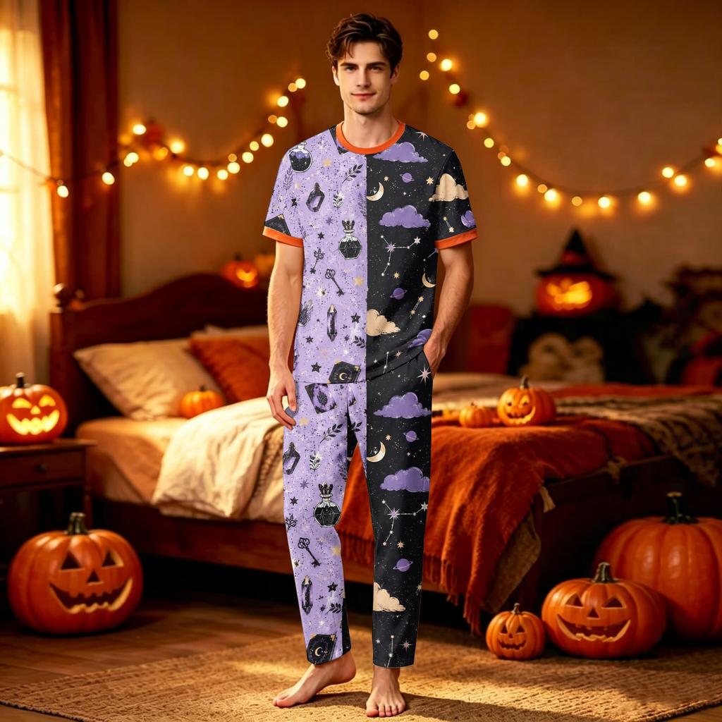 Family Matching Halloween Printed Pajama Set Short Sleeve Top and Pants for Parent and Child