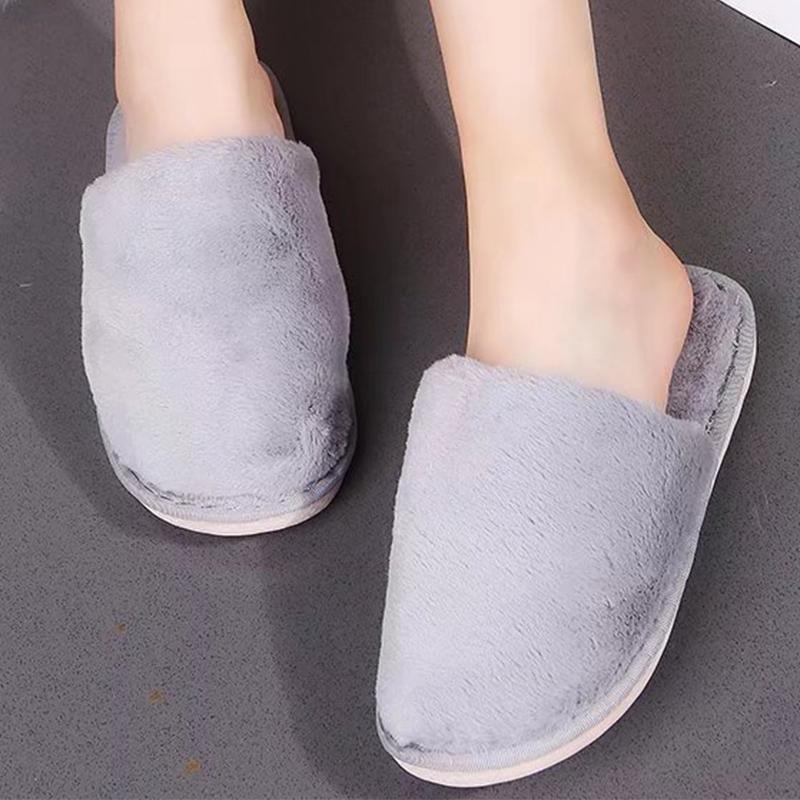 Fashion Indoor Round Toe House Fur Slippers Women Faux Fur Warm Plush Slides Woman Winter Comfort Slip On Non Slip Cotton Slippers Mujer