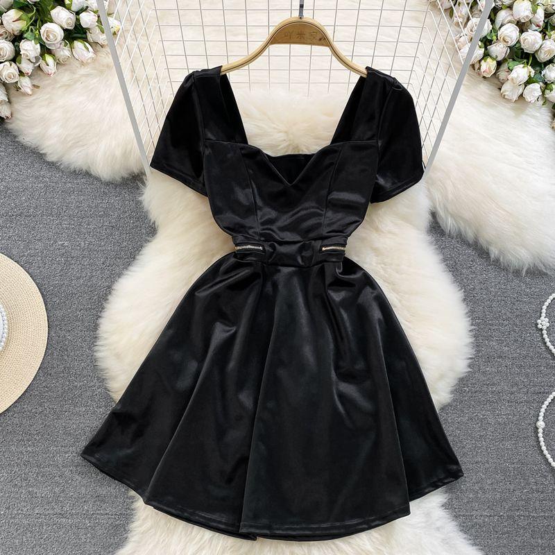 

Summer French Hepburn Style Short Sleeve Square Collar Acetate Satin Cut Out Zipper Waist Slim Looking A- line Large Hem Dress Black L