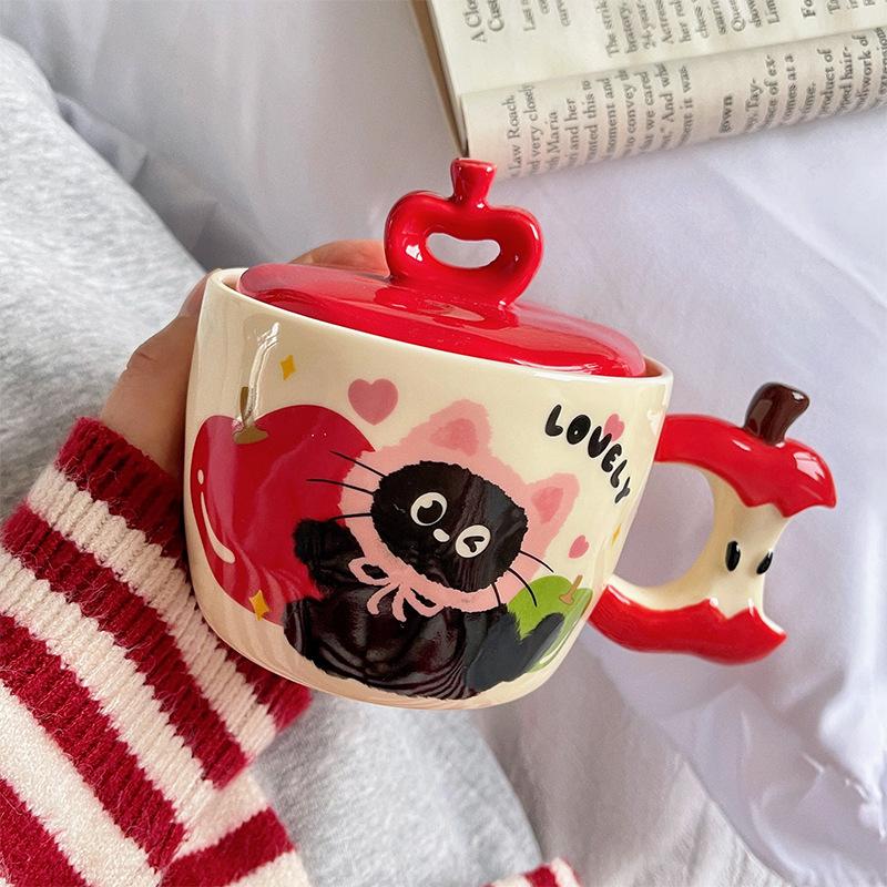Birthday Gift Apple Cat Ceramic Cup With Lid Breakfast Household Cute Creative Drinking Cup Christmas