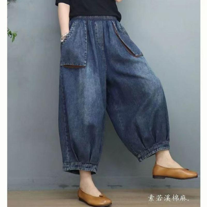 Damen Vintage Ethno-Stil Streetwear Y2K Baggy Jeans Frühling Sommer Lässig Übergroße Taschen Denim Knöchellange Hosen Pantalones