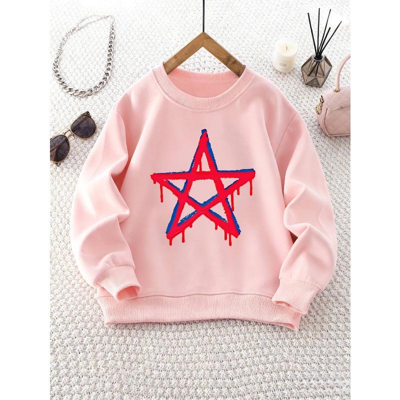 Girl s Round Neck Sweatshirt with Ink-Spatter Star Pattern, Suitable for Weekend Outings and Casual Wear 110