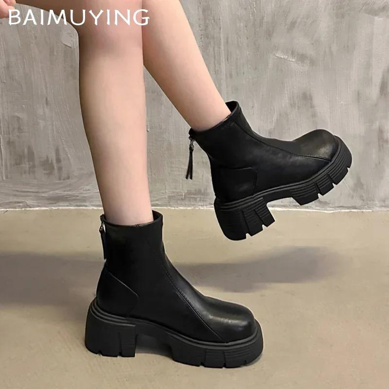Plataforma Botines de Tobillo para Mujer Tacones Medios Gruesos Cuero Zapatos de Moda Tendencia 2025 Invierno Clásico Bomba Gótica Motocicleta Botas De Mujer