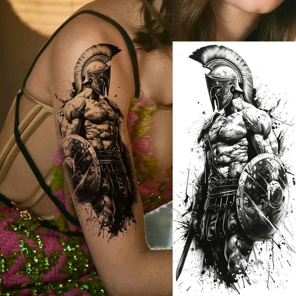 1 Vel Cool Krijger Gladiator Tijdelijke Tatoeages Voor Mannen Vrouwen Realistisch Wolf Leeuw Waterdicht Nep Tatoeage Lichaam Arm Kunst Sticker