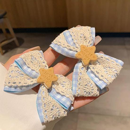 Girl Hairpin Hollow Lace Double-Layer Design Blue Plaid Wooden Star Decoration Hair Clip College Style Hair Accessory