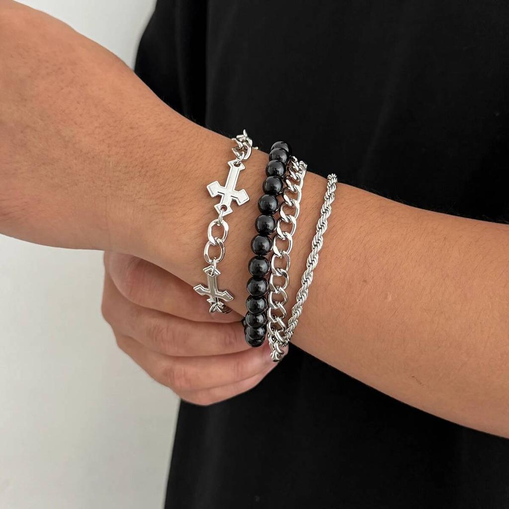Ingemark 4Pcs/Set Punk Cross Beads Chain Bracelets for Men on Hand Hip Hop Adjustable Chain Bangles Couple Halloween Jewelry
