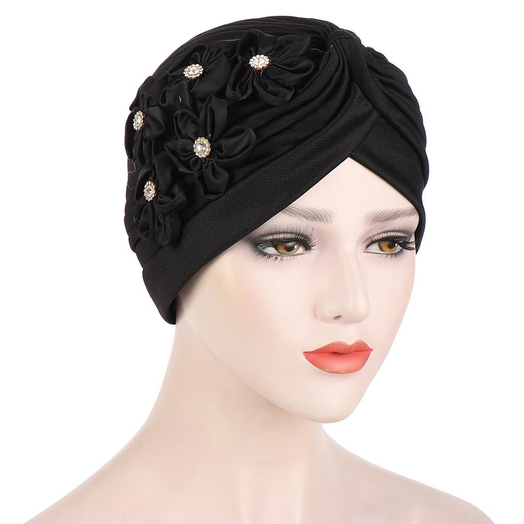 Women Flowers Ruffle Turban Caps Muslim Elastic Pearls Headscarf Bonnet Ladies Hair Accessories Indian Cap Turbante Mujer