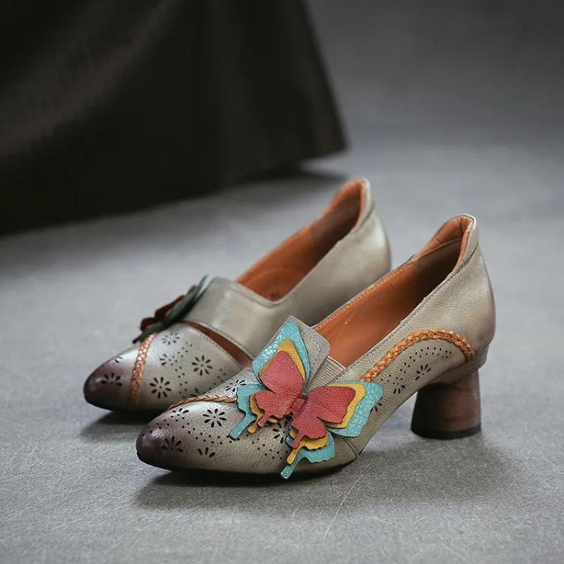 Johnature Retro High Heels Genuine Leather Shallow Commuter Versatile Women's Shoes