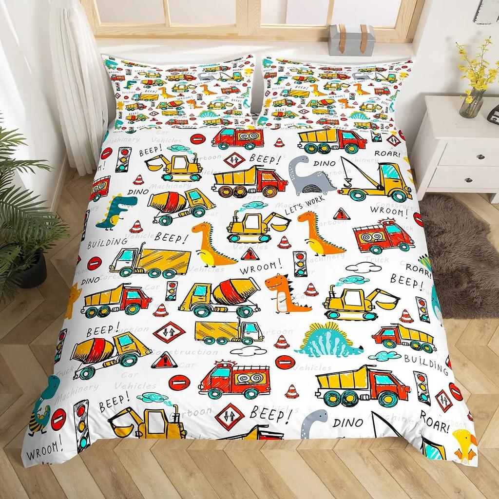 Cartoon Tractor Trucks King Queen Duvet Cover Construction Vehicle Bedding Set Excavator Quilt Cover Polyester Comforter Cover