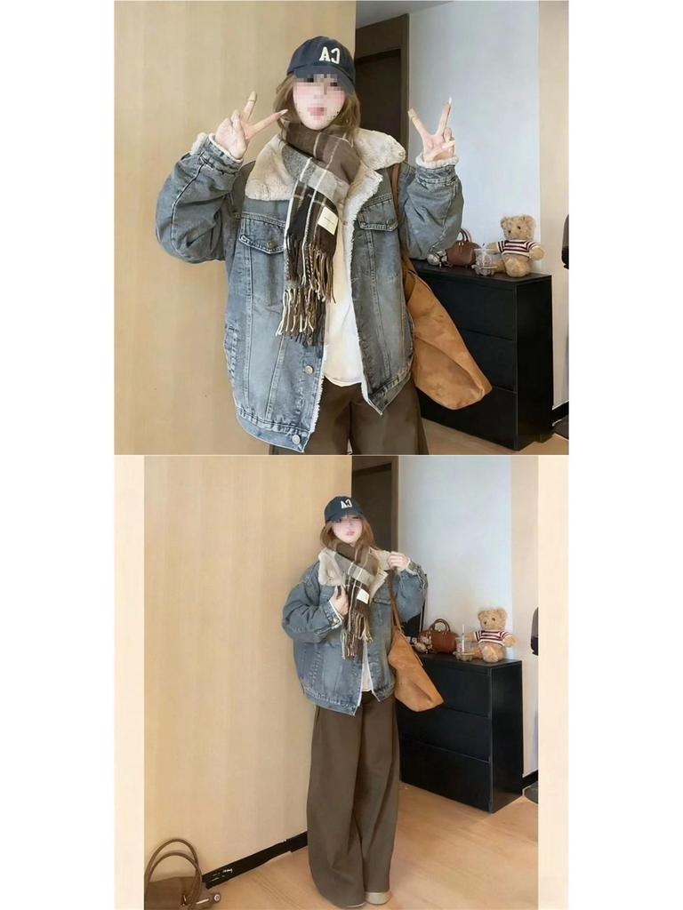 2025 Winter Korean Velvet-Enhanced Thick Denim Cotton Loose Jacket