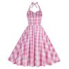 Women’s Mid-length Vintage-style Dress with a Flared Skirt, Pink Checked Pattern, Fitted Waist and Halter Neck