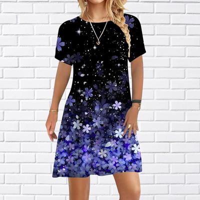 Women Casual Dress Blue Flowers Print Dresses For Women O-neck Short Sleeve Dress Plus Size