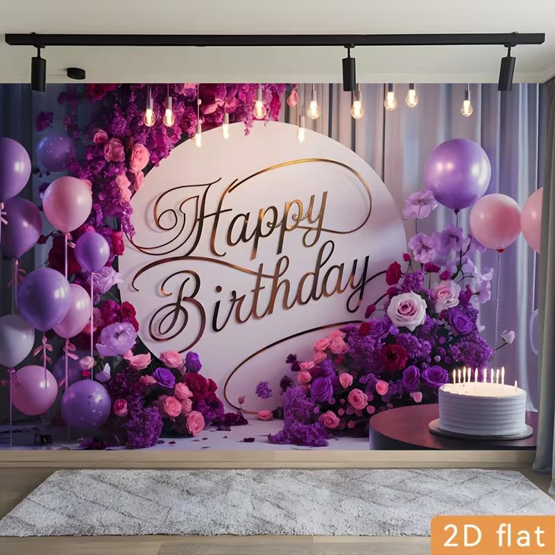 2D Elegant Purple Flower Happy Birthday Photography Background