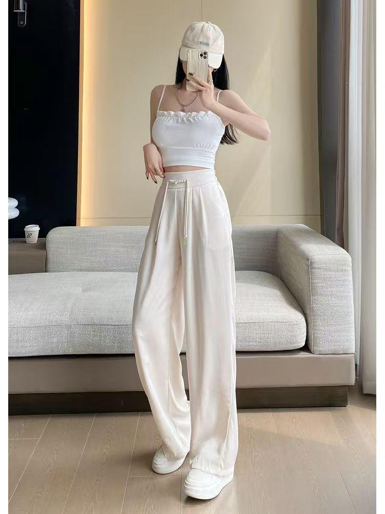 Women's High-Waisted Drapey Silk Wide-Leg Pants - New Chinese Style, Lightweight and Trendy for Summer