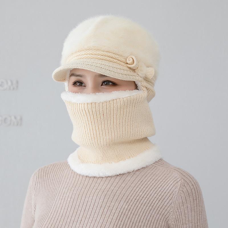 Middle aged mother rabbit fur scarf one-piece hat female winter cycling plush wool old man hat scarf warm
