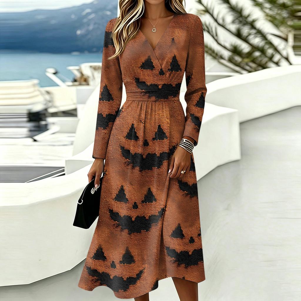 Women's Casual Halloween Print Long Sleeve V-Neck Dress with Pockets