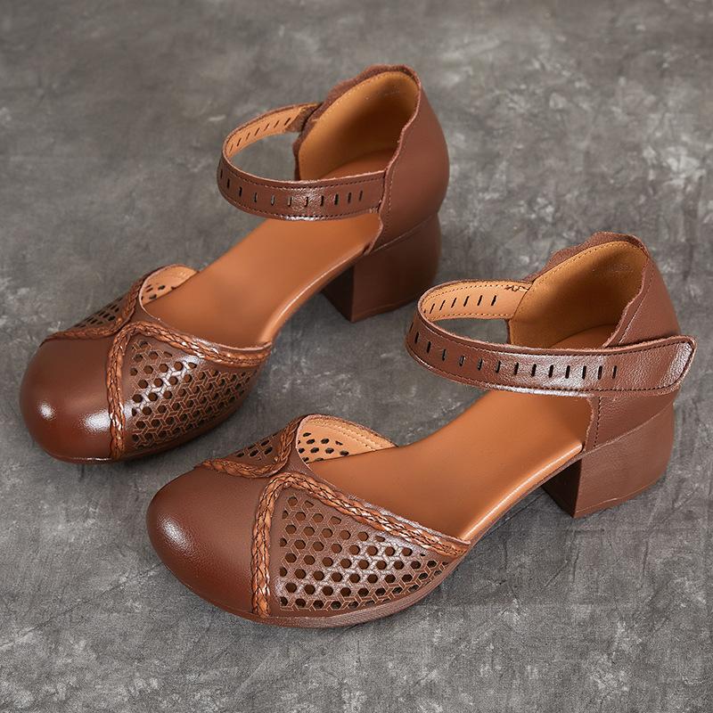 Fashion GKTINOO Genuine Leather Women Sandals Summer Shoes Thick Heels Soft Sole Women Shoes 2025 Hollow Mom Sandals