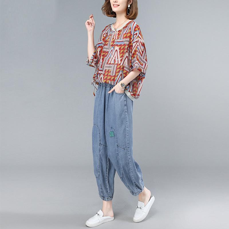 Summer 2023 Stylish Loose Fit Two-Piece Suit for Middle-Aged Women - Short-Sleeve Top & Pants Set
