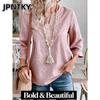 JPNTKY Women's Fashion Casual Solid Color Print Long Sleeve V Neck Blouses & Shirts