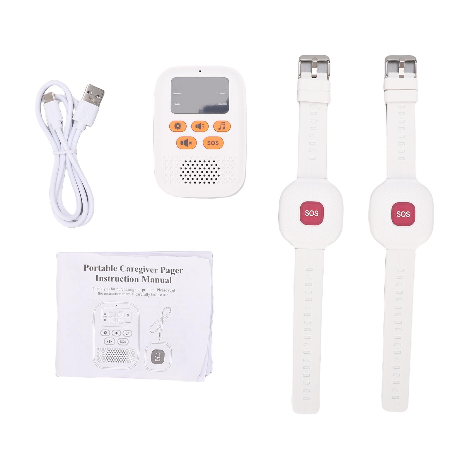 Wireless Call Button Pager Alert System Vibration Digital Display 100ft Range 2 Emergency Wristband with Receiver for