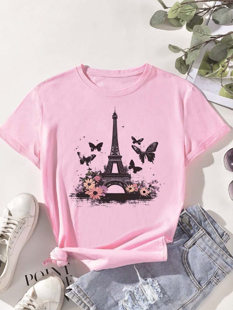 Fashion Eiffel Tower Floral Print Women Summer T Shirt Girl O Neck Funny Y2K Tops Tee Female 90s Casual Clothing