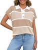 Suéter de punto a rayas para mujer, manga corta, cuello en V, botones, bloques de color, top holgado