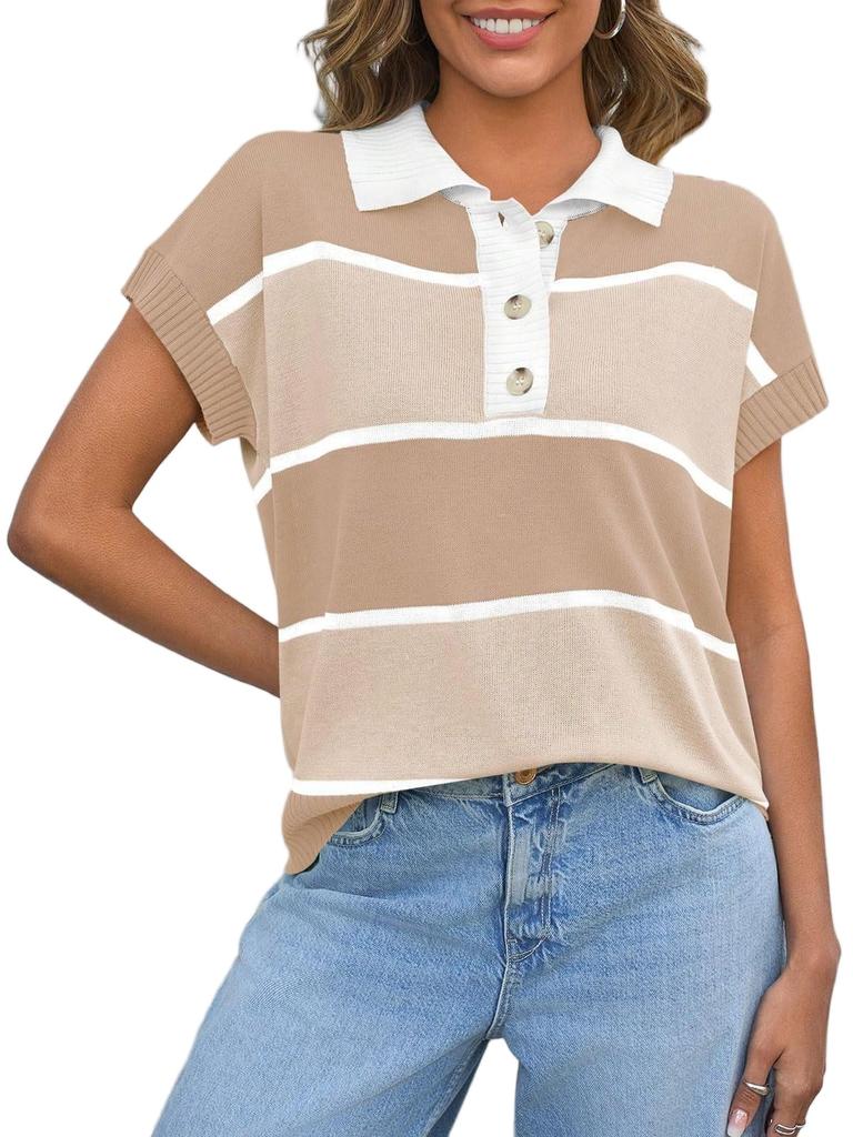 Suéter de punto a rayas para mujer, manga corta, cuello en V, botones, bloques de color, top holgado