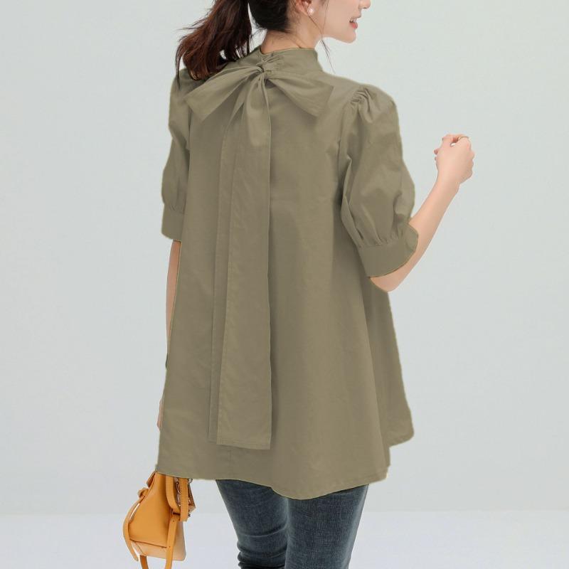 

Lotte Japan Korea весна-лето однотонная блузка со шнуровкой и средним рукавом, полувысокая горловина рубашка для женщин L коричневый