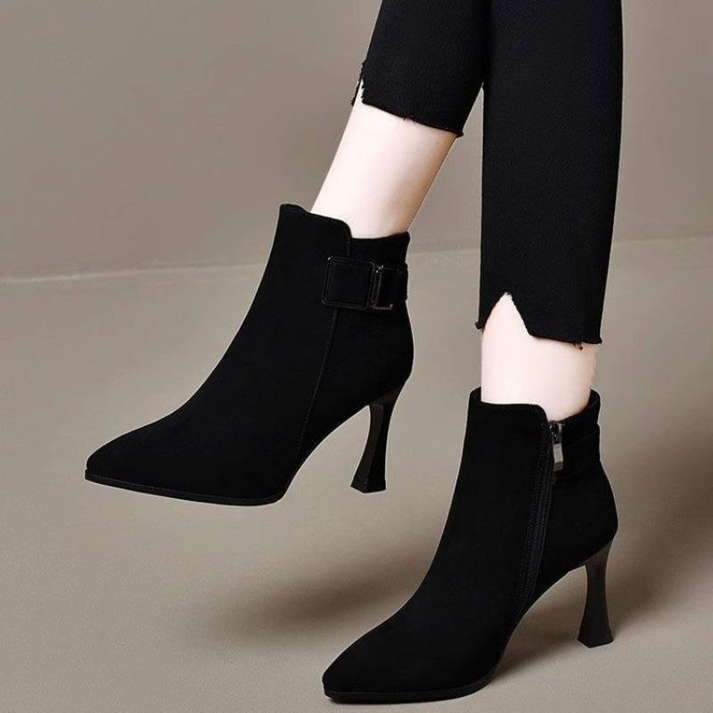 Fashion Fall New Pointed Toe Side Zipper Metal Belt Buckle Anti-Slip Wear-Resistant Stiletto Heel Short