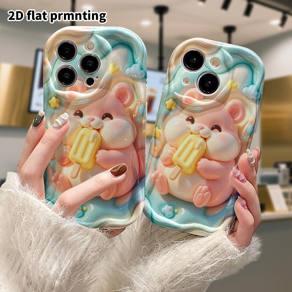 Phone Case: 2D flat design suitable for iPhone 18 17 16 15 14 13 Pro protective case, pink hamster eating an ice pop, perfect Christmas and Halloween