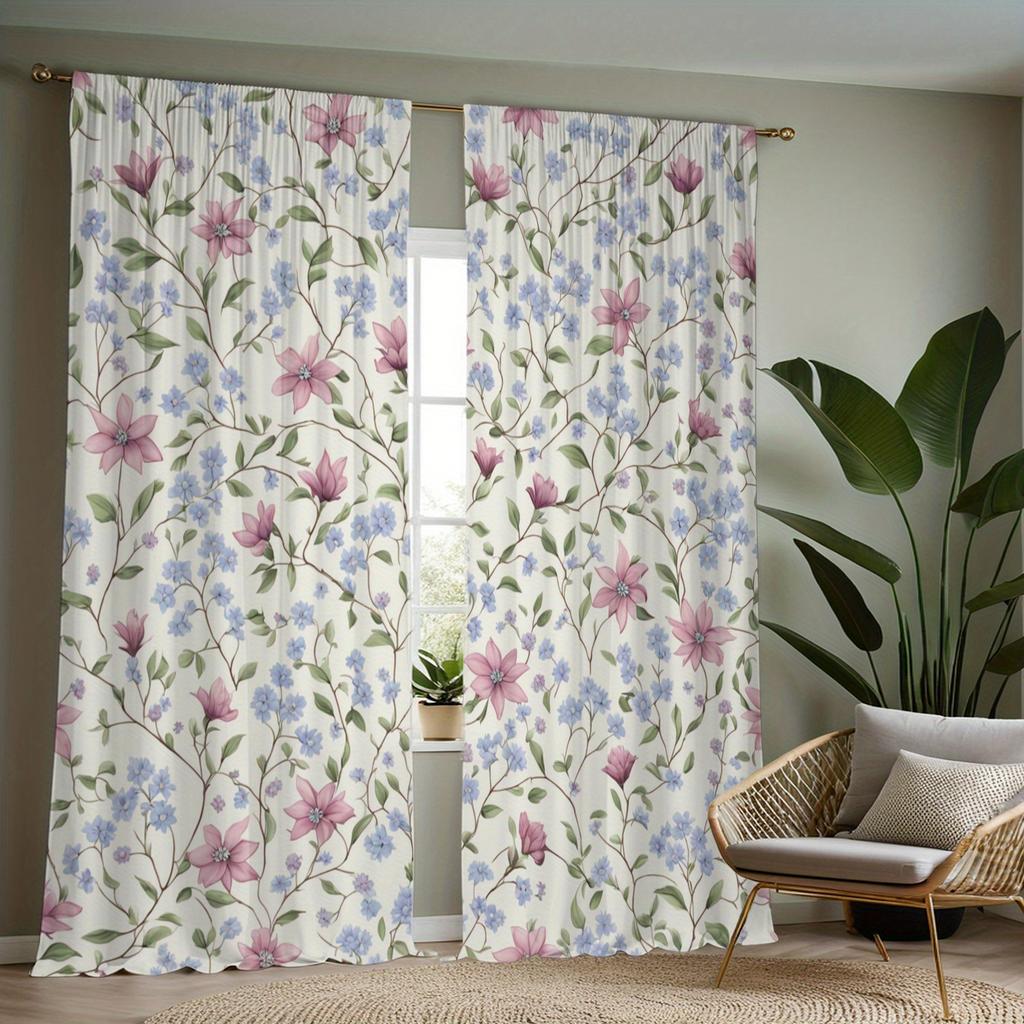 2Pc Pink And Blue Floral Pattern Curtains, Polyester Fabric, Machine Washable, Suitable For Bedroom Living Room Decoration