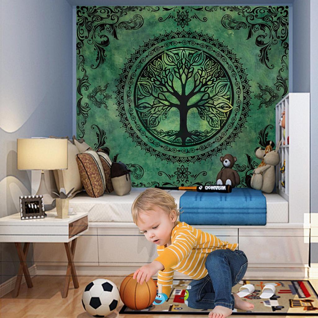 Green Nature Tree of Life Tapestry - Boho Hippie Mandala Y2K Wall Hanging | Aesthetic Ceiling/Backdrop Decor for Bedroom
