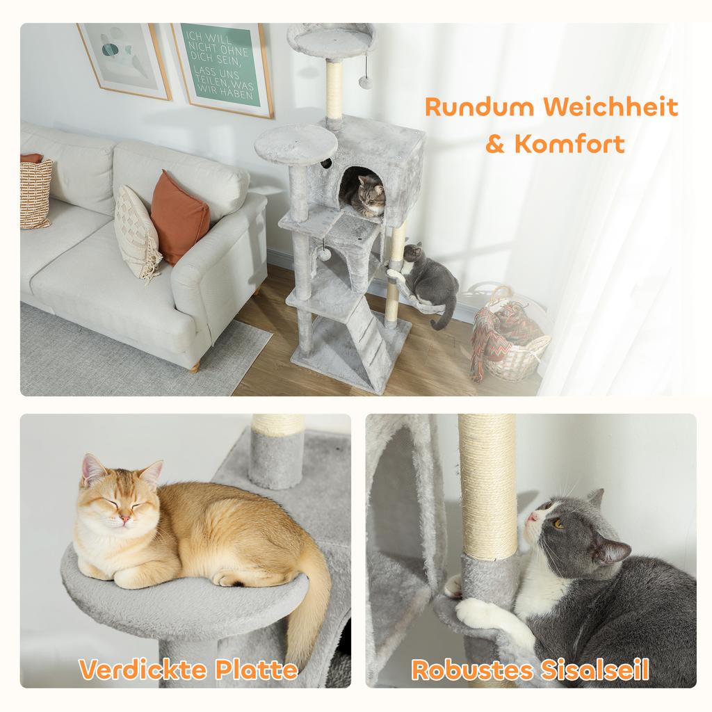 160 cm Cat Tree, Multiple Levels, Sisal Scratching Posts, Caves, Plush Platforms, Hammock, Ladder, Play Balls
