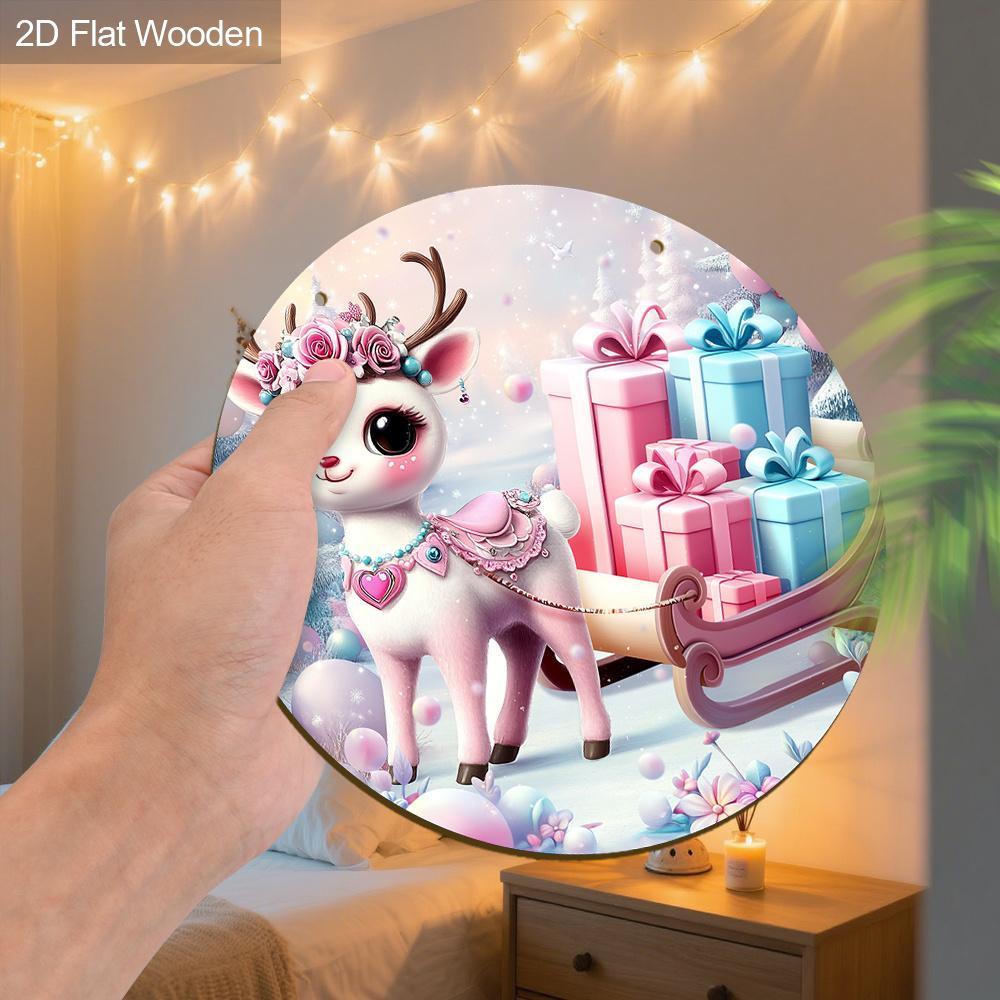 2D Flat Pink Wooden Christmas Sign, Charming Decorative Plaque with Adorable Elk Sled Pattern, Ideal for Front Door, Home, Office Decor