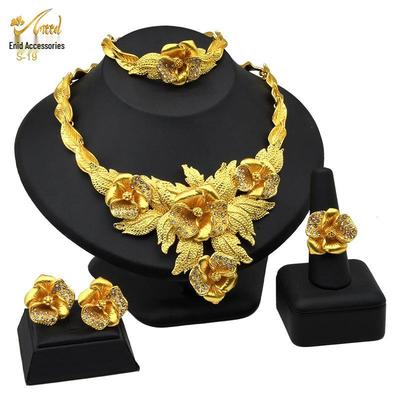 Conjunto de Joias Nupciais Africanas de Ouro 24K de Dubai: Colar, Pulseira, Brincos e Anel