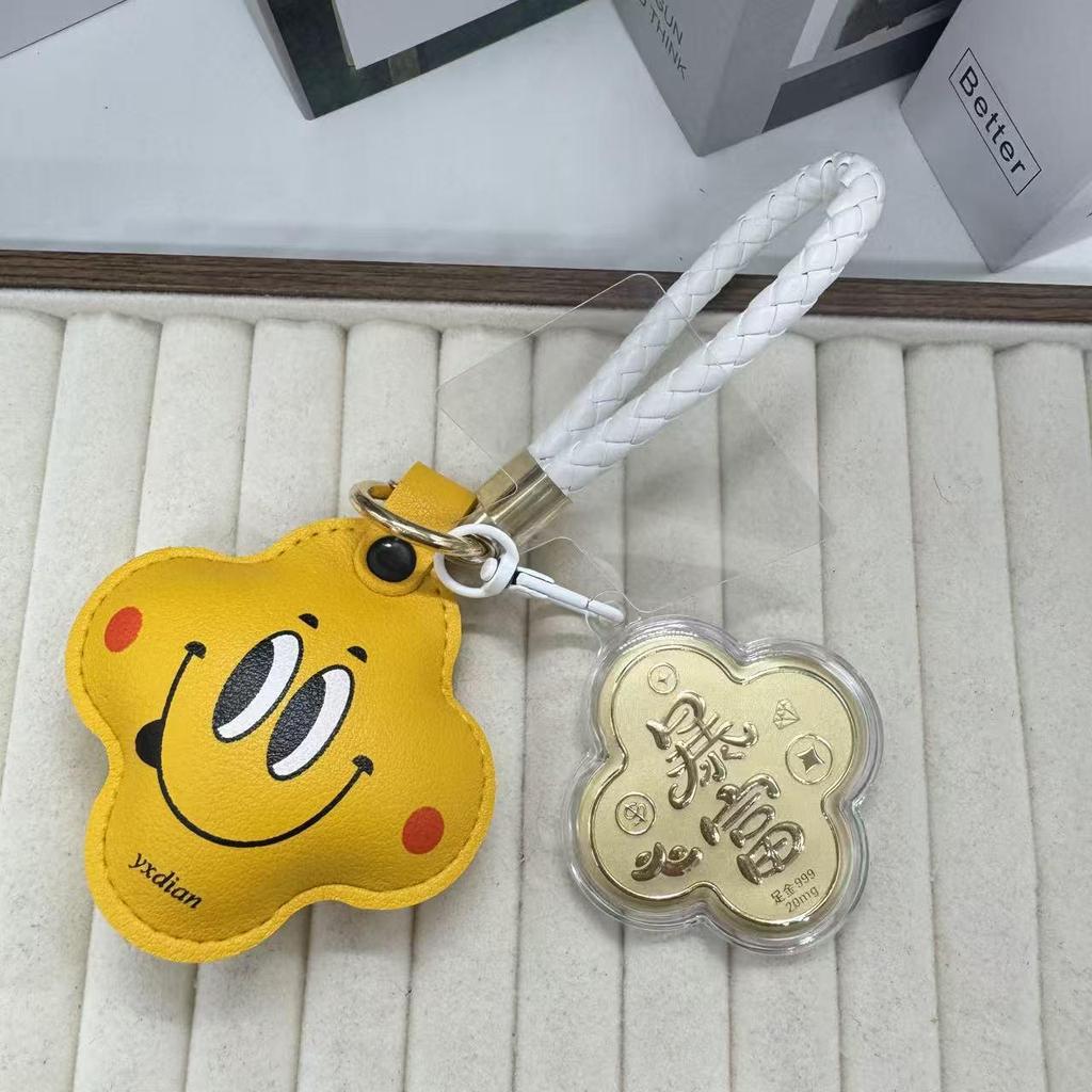999 Pure Gold Lucky Four-Leaf Clover Keychain with Cute Smiley Face Flower Charm