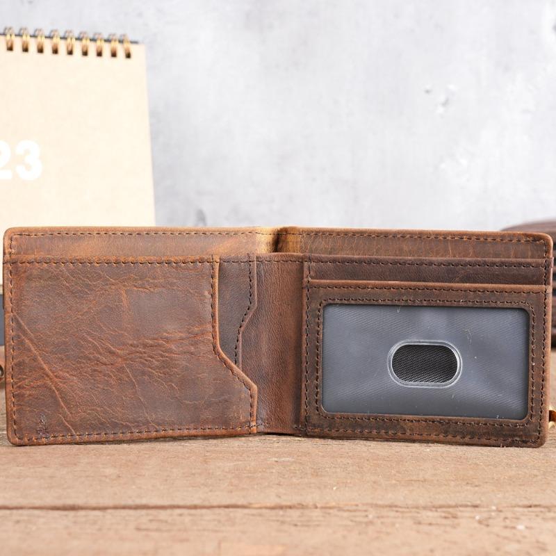 Men's Crazy Horse Skin Genuine Leather Wallet Short, 20% Off USD Clip, Retro Card Bag
