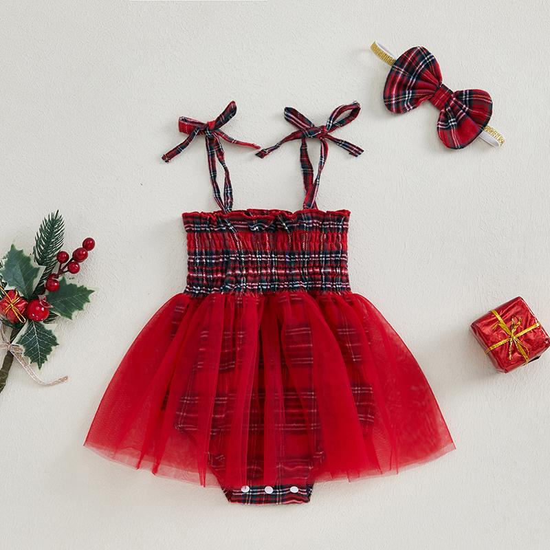 

Baby Girl Christmas Romper Dress Casual Plaid Print Summer Sleeveless Jumpsuit and Headband Set Clothes Outfits 0-3M