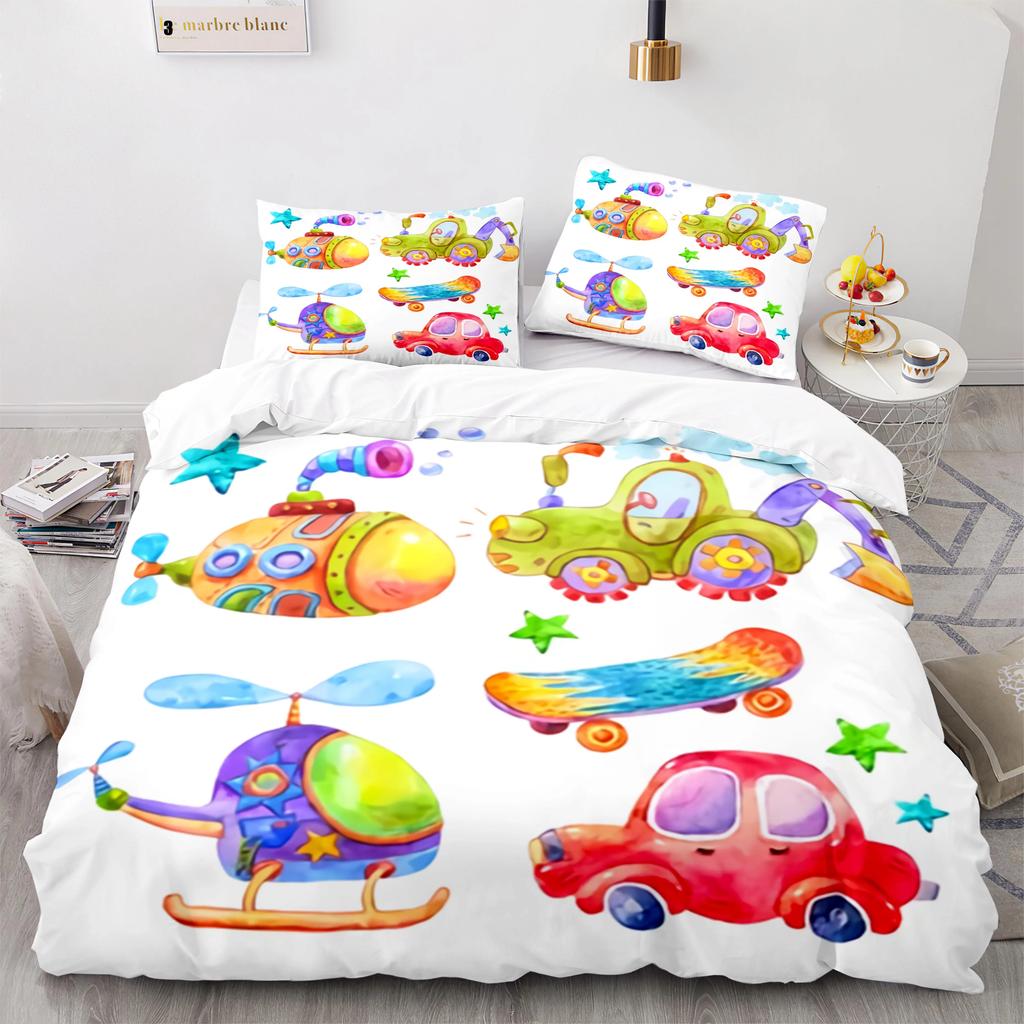 Cartoon Tractor King Queen Duvet Cover Watercolor Style Excavator Bedding Set For Kids Machinery Bulldozer Polyester Quilt Cover