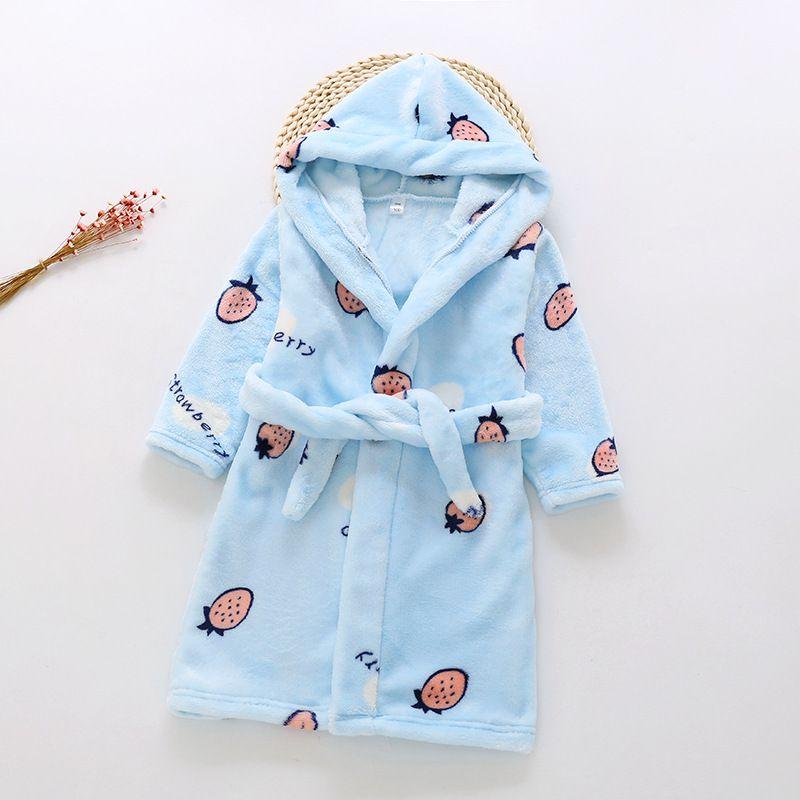 

Adorable Cartoon Animal Bathrobe For Children Flannel Long Sleeve Hooded Kids Clothes Blue Strawberry,130cm/51.18in