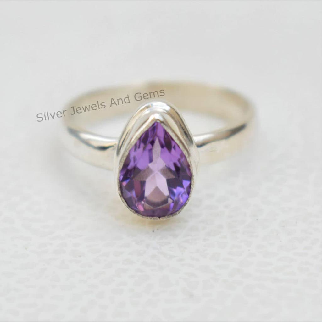 Natural Amethyst Ring, Teardrop Ring, February Birthstone Ring, Handmade Ring for Gift, 925 Sterling Silver Ring, Promise Ring