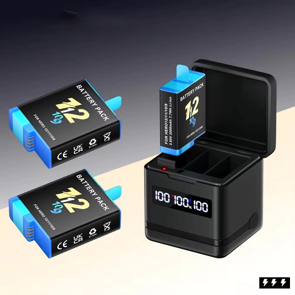 2000mAh Akku für Gopro Hero 9 10 11 12 Kamera-Akku mit LCD 3-Slots Schnellladegerät Box für GoPro Hero12 11 Sportkameras